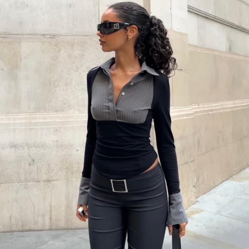 Autumn Women's European and American Design Slim Fit Long Sleeve T-Shirt Shirt Patchwork Cropped Top Base Layer