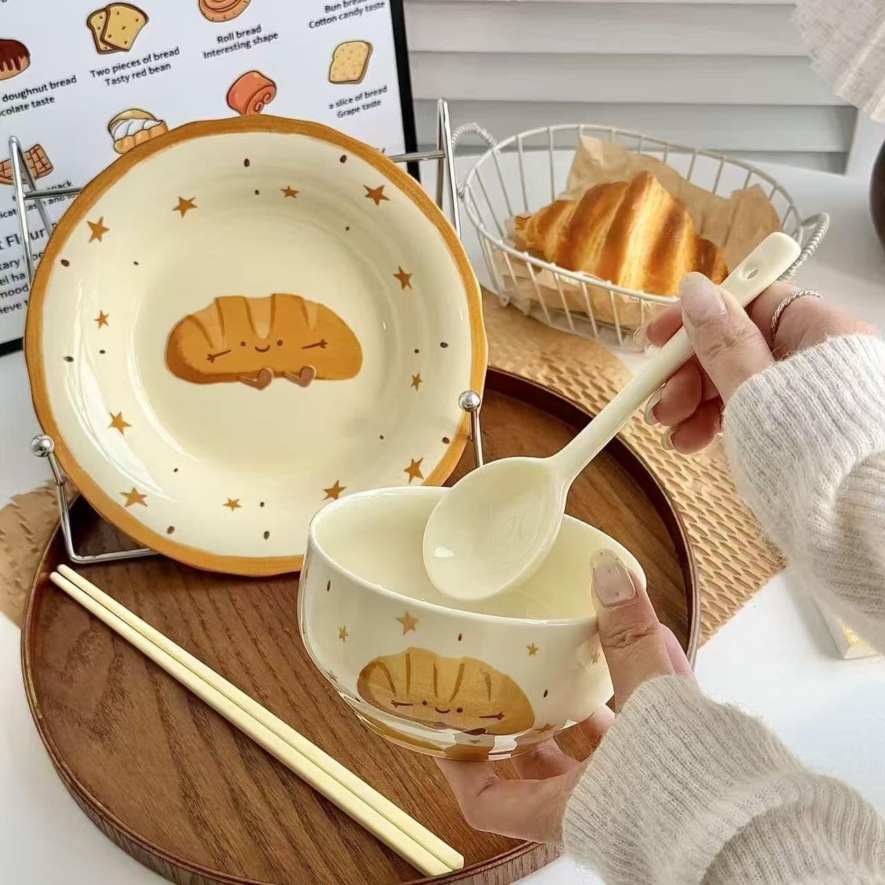 Fruit Croissant Girl Heart Ceramic Tableware Ins Bowl Plate Soup Bowl Ceramic Bowl Large Double Ear Soup Bowl
