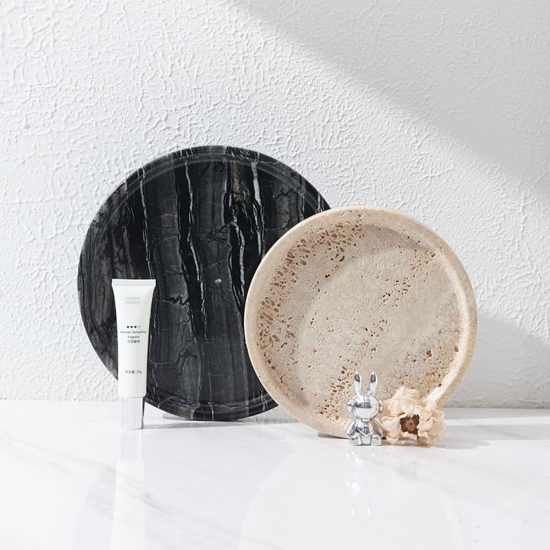 Natural Travertine Pangu Wood Grain Marble Decorative Tray, European Hotel Minimalist Style Ornament Round Tray