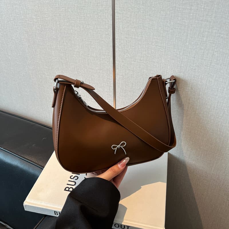 New Style Fashion Solid Color Bag Texture 2025 Casual Bow Dumpling Bag Shoulder Underarm Bag Crescent Bag Black