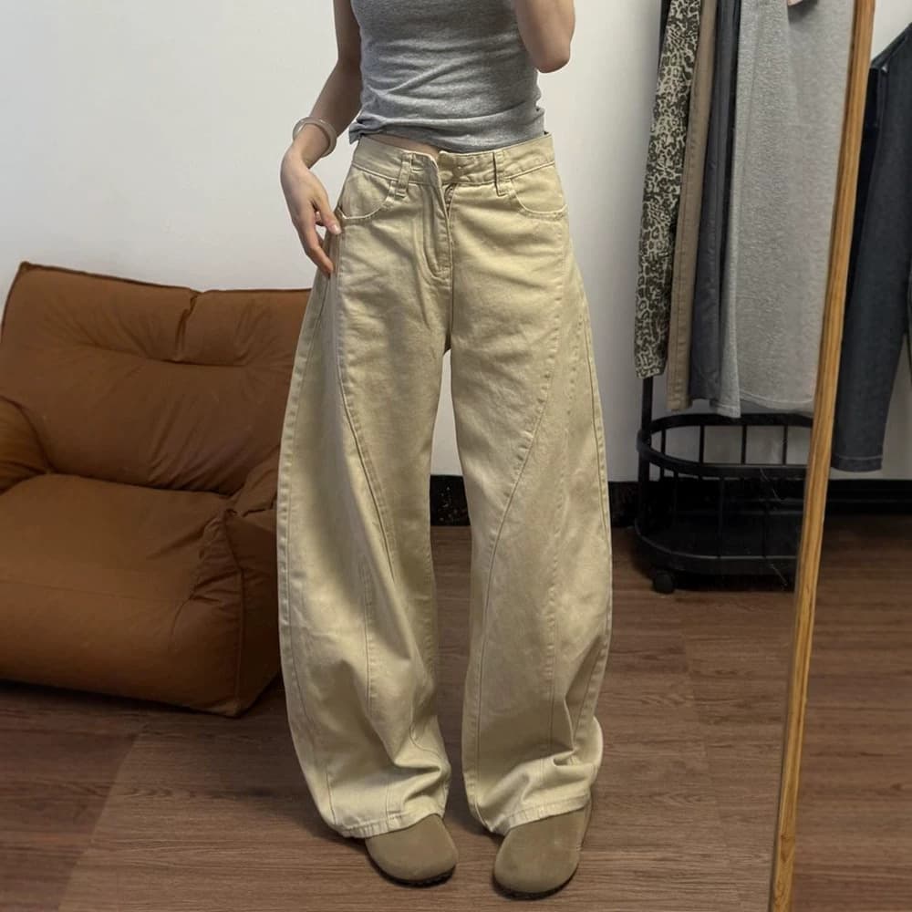 Khaki wide-leg jeans for women with loose pear-shaped body covering and slimming denim wide-leg pants for women with straight wide-leg pants