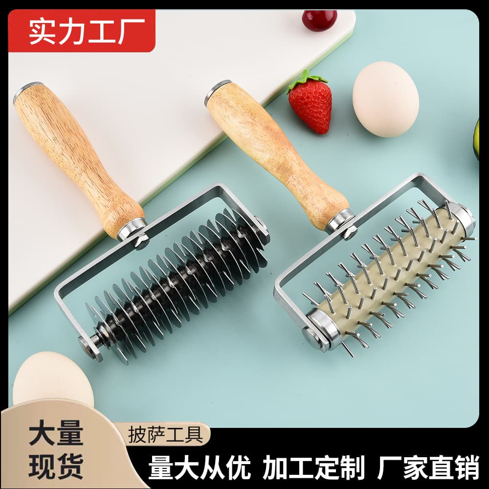 Stainless Steel Wooden Handle Rolling Cutter Baking Docking Wheel Cutter Pizza Roller Cutter Biscuit Perforator Baking Tool