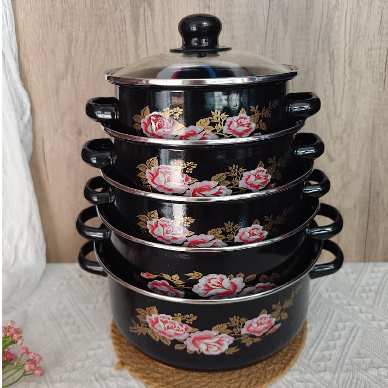 Cross-Border Trade Enamel 5-Piece Set Kitchen Glass Lid Double-Ear Stockpot, Stew Pot, Refrigerator Storage, Uncoated Enamel Pot