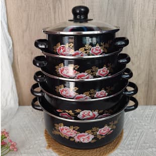 Cross-Border Trade Enamel 5-Piece Set Kitchen Glass Lid Double-Ear Stockpot, Stew Pot, Refrigerator Storage, Uncoated Enamel Pot