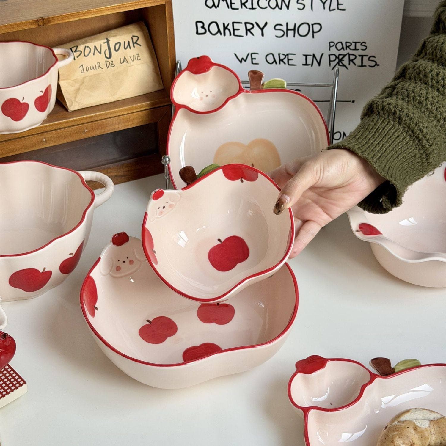 Apple Ceramic Tableware Bowl and Plate Set Cute Girly Cartoon Hand-Painted Household Dumpling Deep Plate Breakfast Plate Fruit Plate