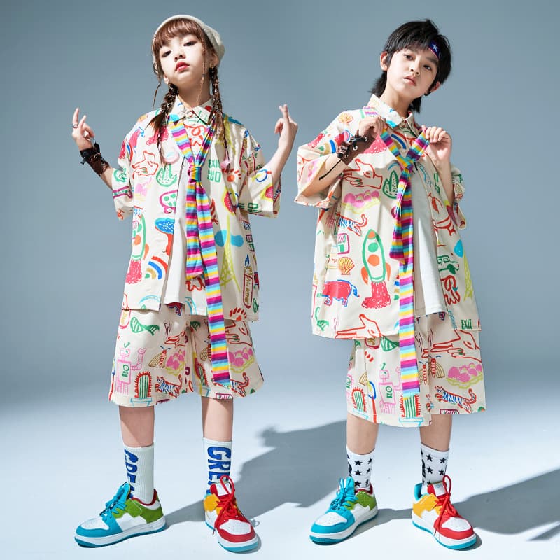 Hip Hop Kids Streetwear Boys Shirt Set Girls Dopamine Fashion Hip Hop Children's Runway Performance Costume