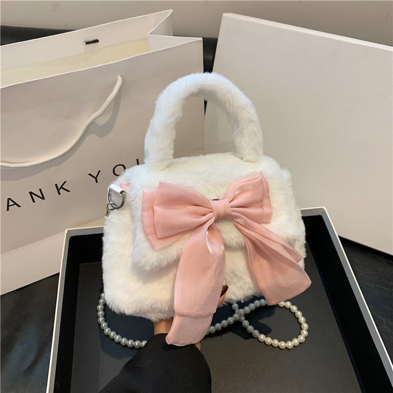 Cute Bow 2026 New Sweet Girl Plush Bag Commute Fluffy Pearl Handbag Shoulder Crossbody Bag