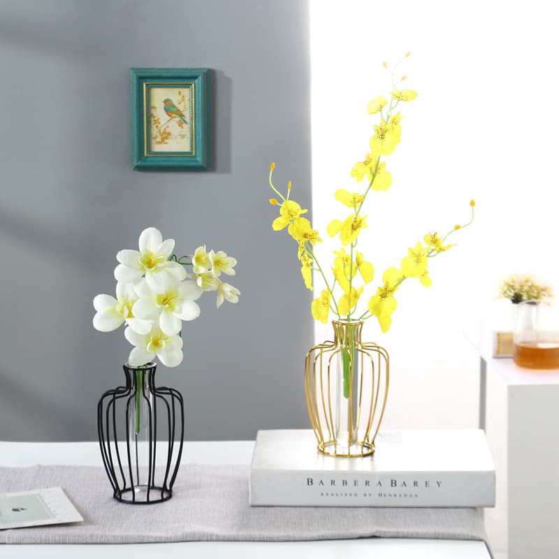 Creative metal electroplated glass hydroponic vase for living room, dining table, wrought iron vase decoration for home flower arrangement