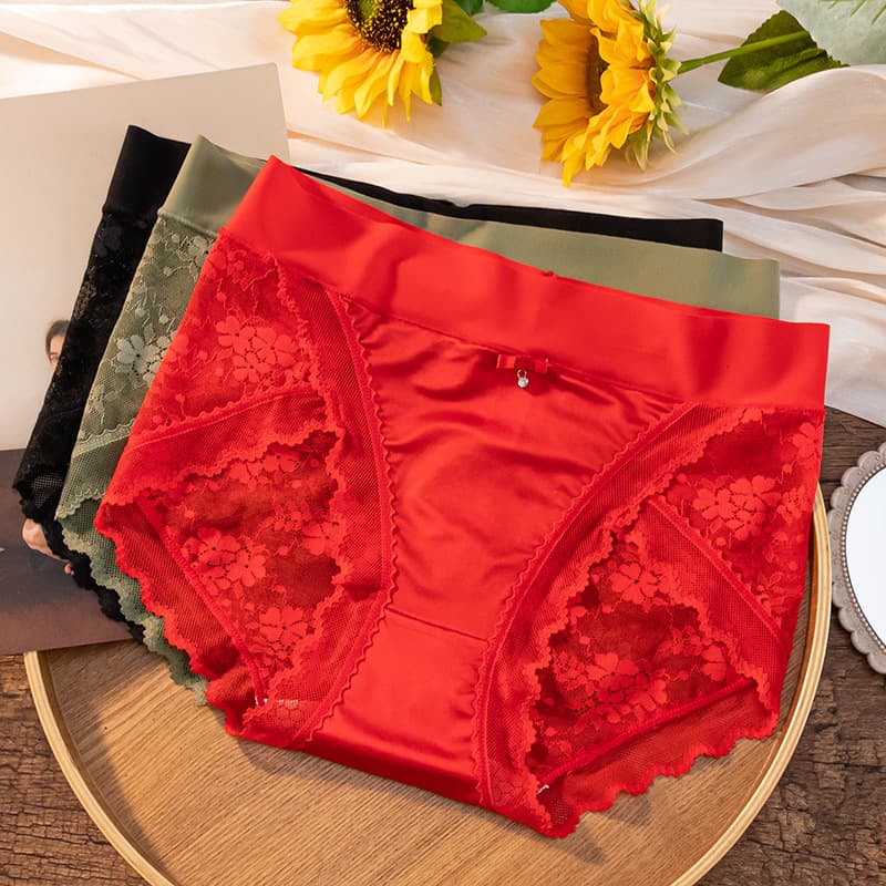 Sexy Thin Lace Underwear Cotton Crotch High Waist Seamless Women's Light Luxury Satin Breathable Triangle Pants Summer