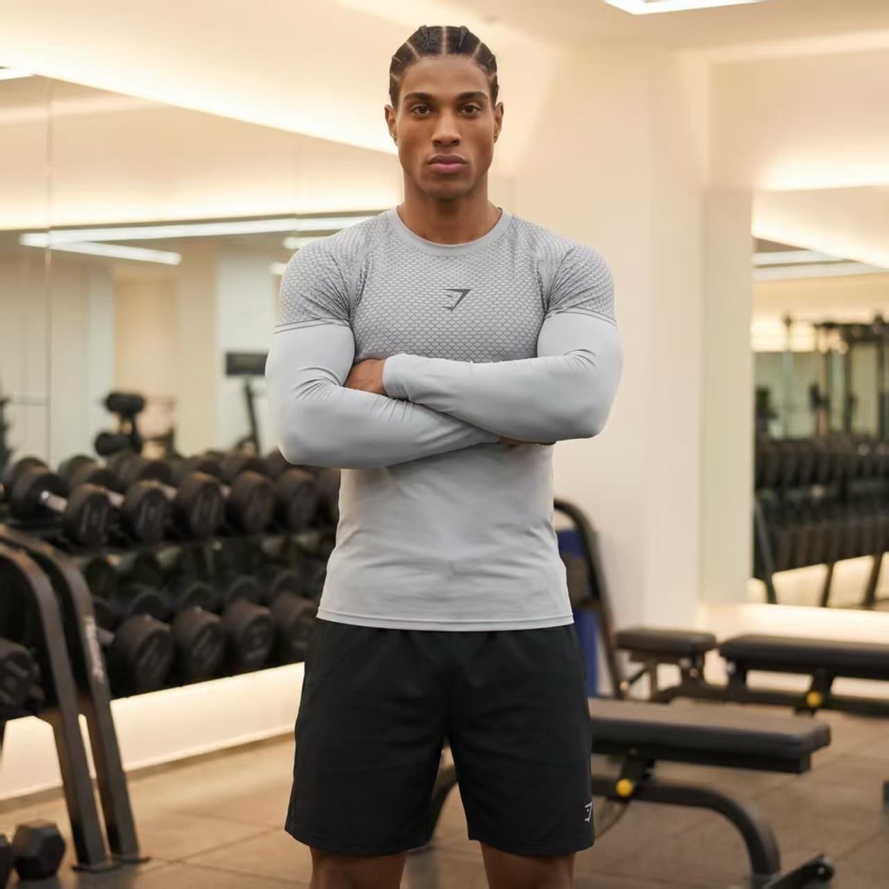 GYMSHARK/ONYX5 Men's Long Sleeve Workout Fitness Quick-Dry Breathable Stretch Crew Neck Long Sleeve Compression Training Top
