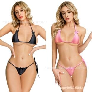 Glossy Silky Aurora Women's Bowknot Bikini Tie String Bra T-Back Thong Three-Piece Set