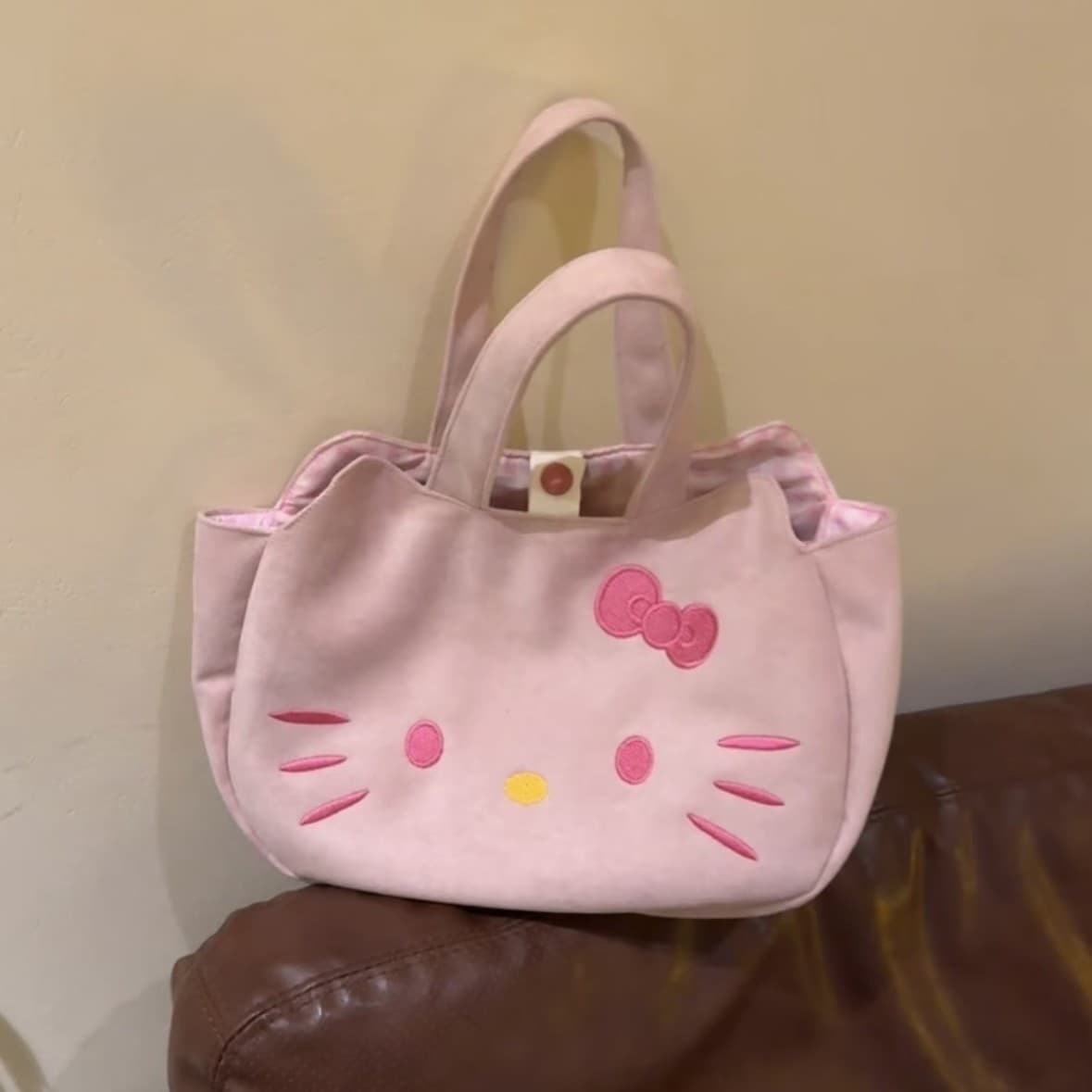 2026 New Original Dopamine Gray Pink Suede Small Kitty Handbag White Plaid Canvas Tote Bag