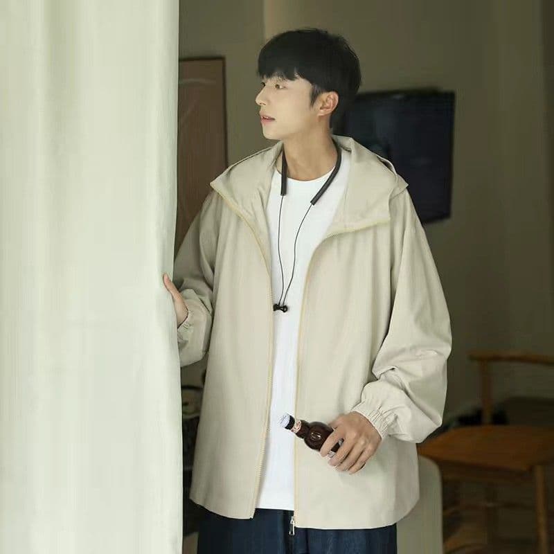 2025 Spring/Autumn Lightweight Men's Jacket, Solid Color Hooded Hardshell Windbreaker, Trendy, Loose Fit, Stylish, Business Casual Men's Wear