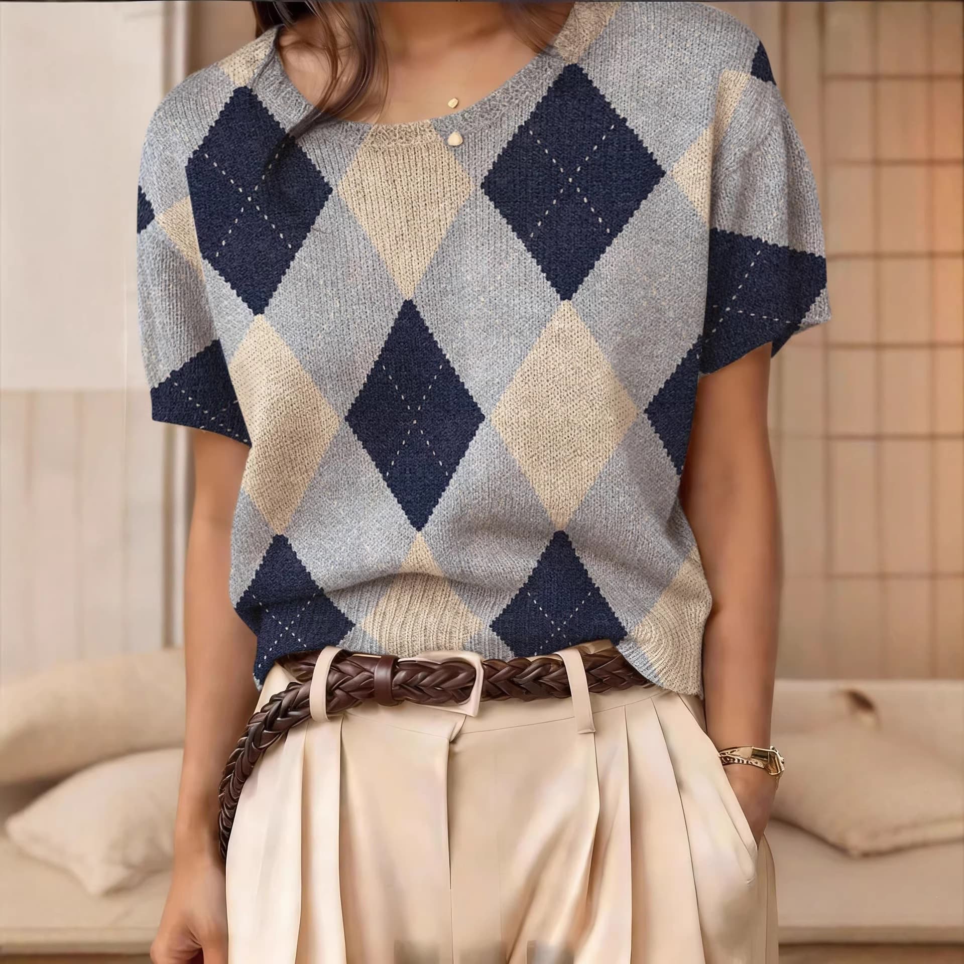Amazon 2026 new retro short-sleeved sweater contrasting color jacquard sweater cross-border round neck top AliExpress hot