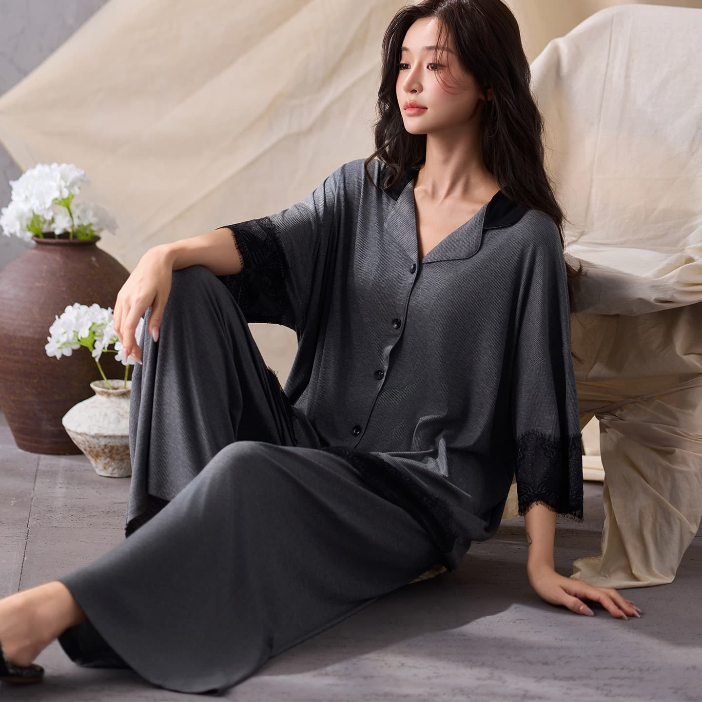 Ribbed Modal Pajamas for Women, Summer Cool-Feel Three-Quarter Sleeve Long Pants Set, Loungewear That Can Be Worn Outside, Cross-Border Hot Item