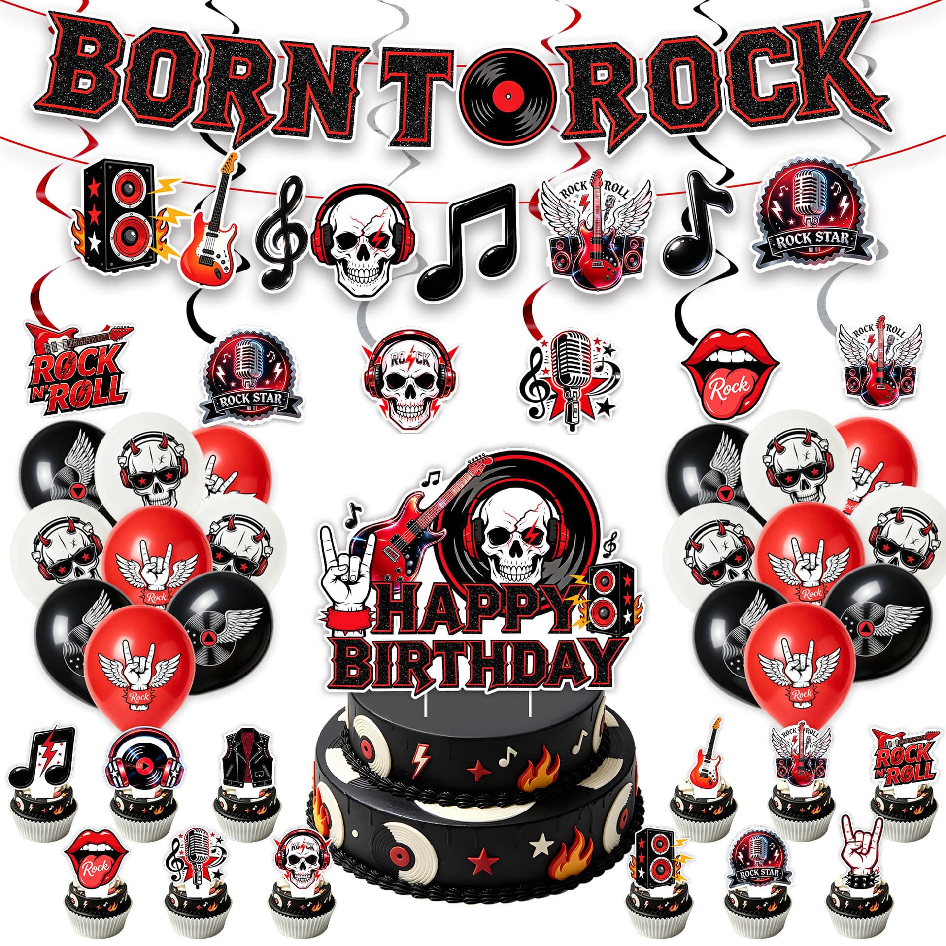 Cross-border rock skull theme Halloween party decoration supplies banner pull flag cake inflatable balloon set