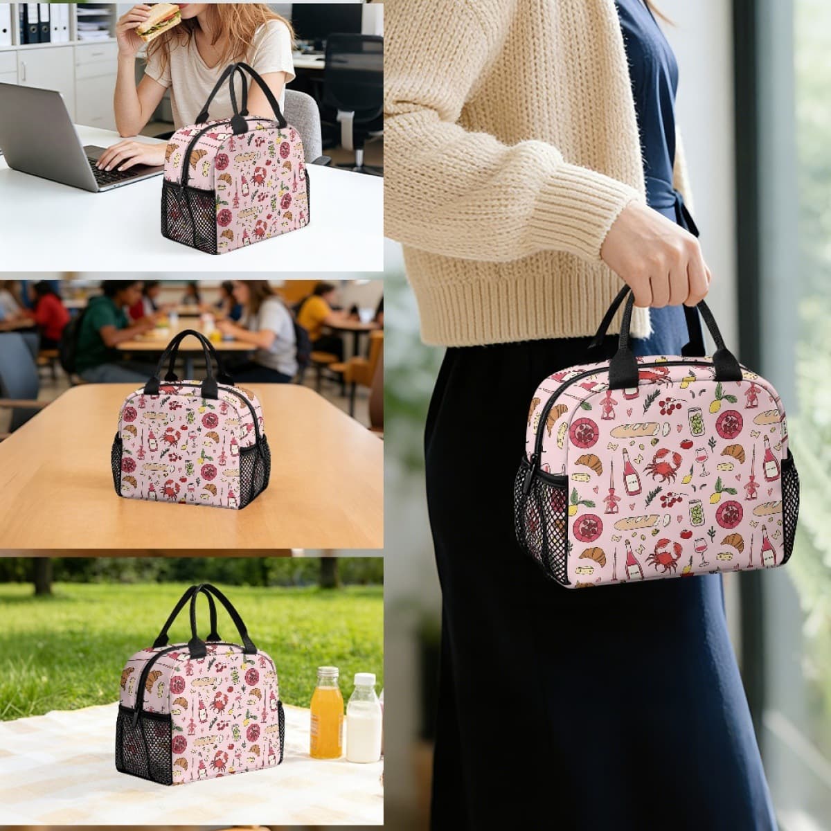 Picnic Bag Tote Amazon Same Style Side Mesh Pocket for Drinks Student Lunch Bag Unisex One Piece Minimum Order