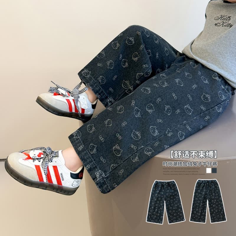 Girls' jeans spring and autumn 2026 new children's full-print kt cat straight pants for girls, fashionable casual pants