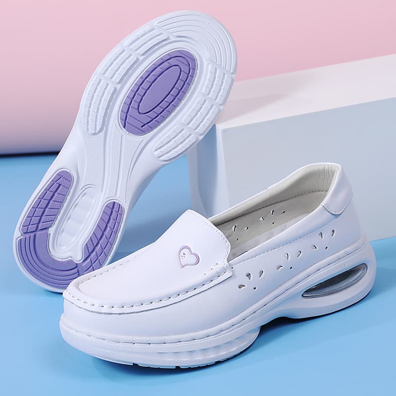 Genuine Leather Nurse Shoes Women's Air Cushion Soft Bottom Breathable Comfortable Hospital Work Shoes Casual Summer Flats