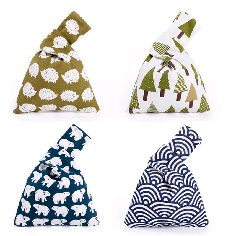 Japanese Style Multicolor Printed Linen Wristlet Coin Purse Portable Bag Ins Style Knot Wrist Bag Walking Bag
