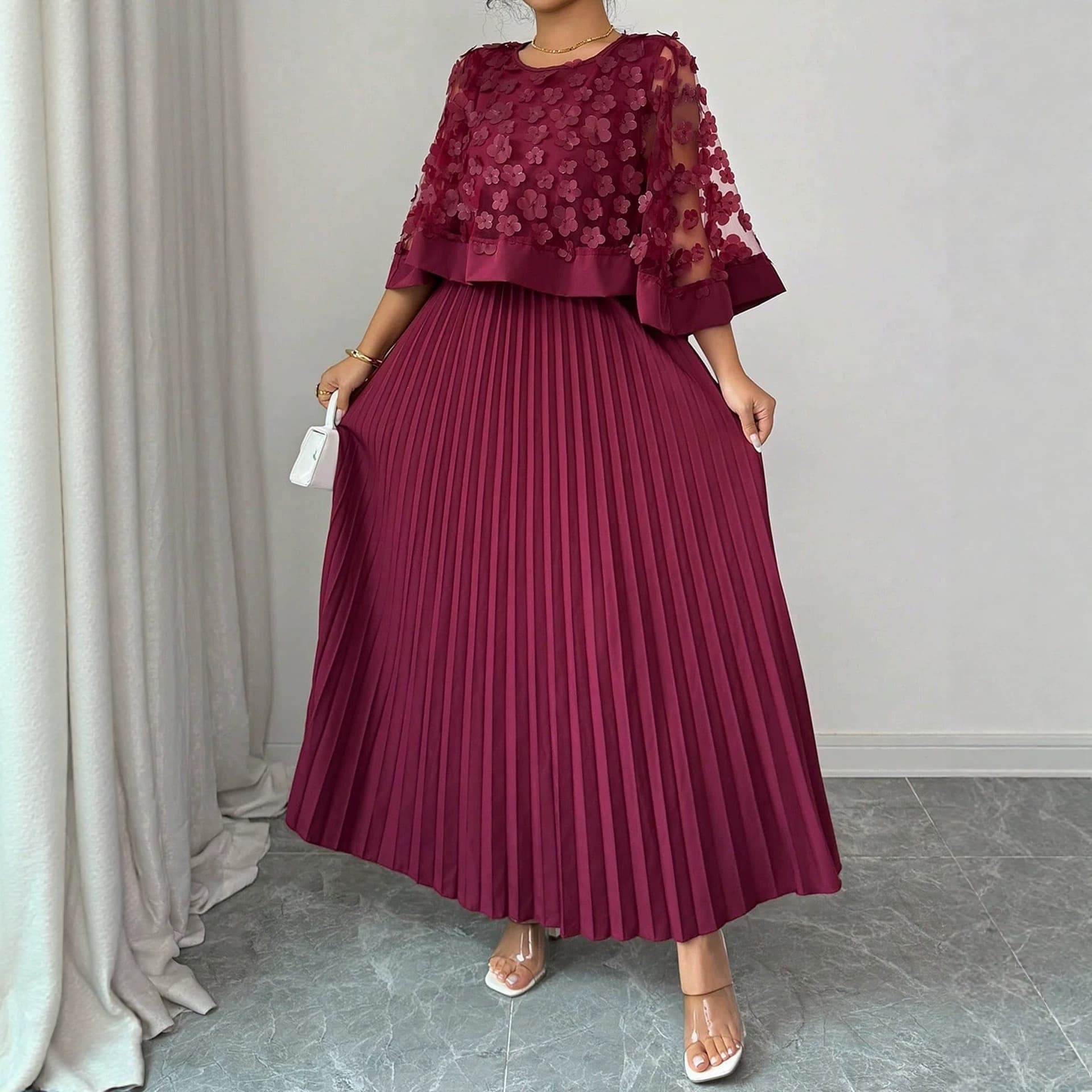 Cross-border European and American plus size 2026 new summer style elegant mesh cape splicing mid-length dress without
