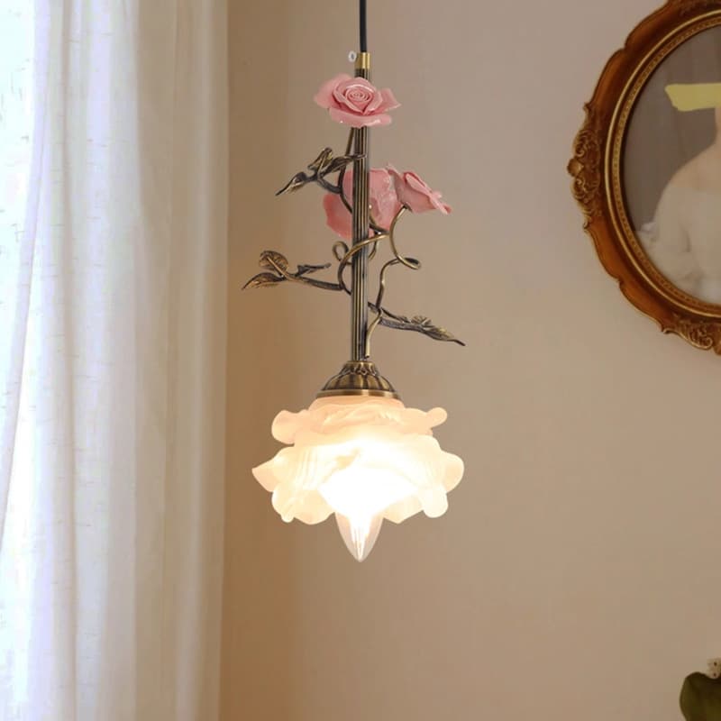 French Ceramic Rose Flower Bay Window Pendant Light Vintage Style for Bed and Breakfast, Cafe, Bar, Bedside, Entryway Art Pendant Light