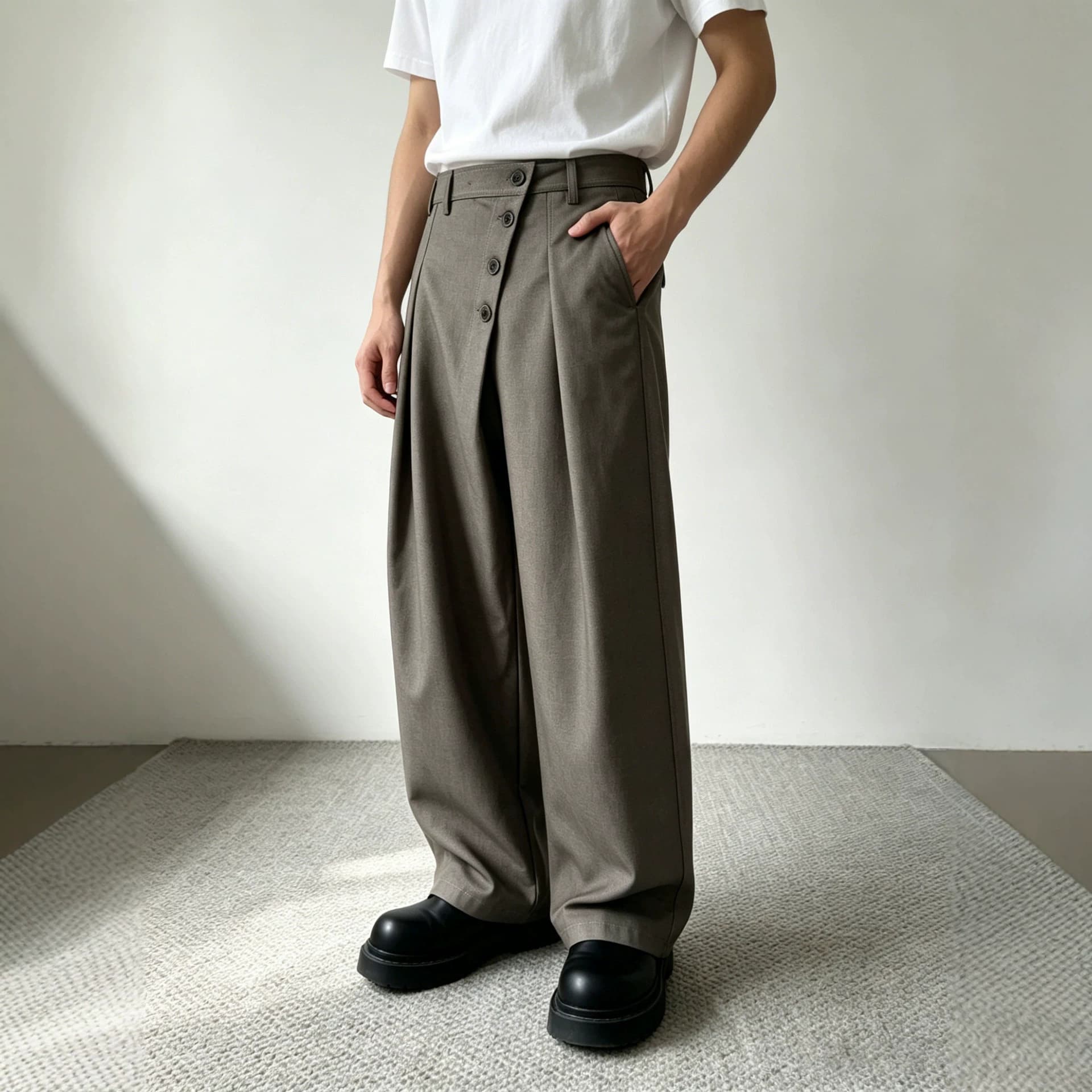 2026 summer American design buttoned scimitar trousers for men and women old money style deconstructed wide-leg versatile casual trousers