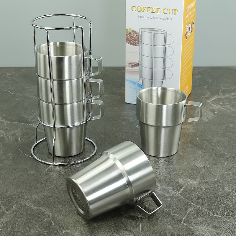 304 stainless steel mug set 300ml stepped portable stackable water cup with storage rack outdoor cup