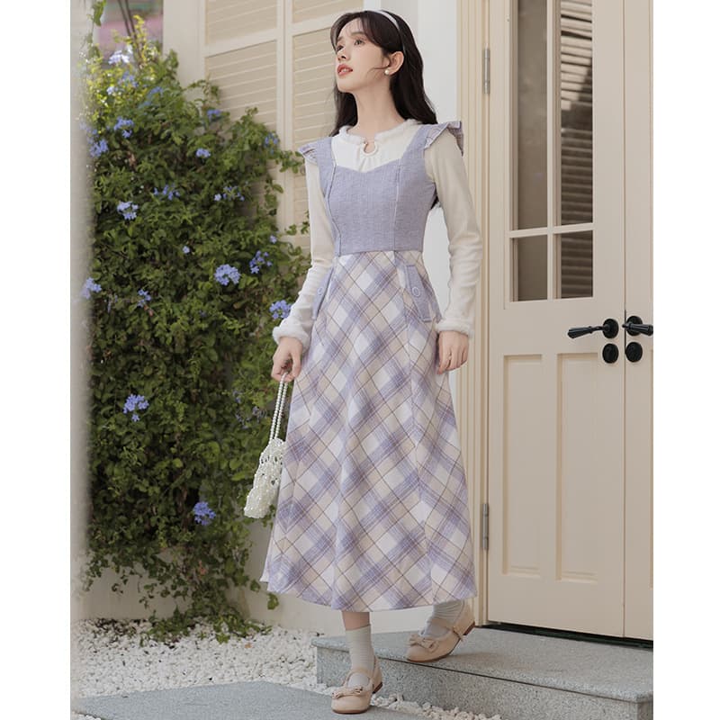 French Gentle Style Knitwear Purple Wool Plaid Camisole Dress Two-Piece Set, Women's Elegant Outfit Set
