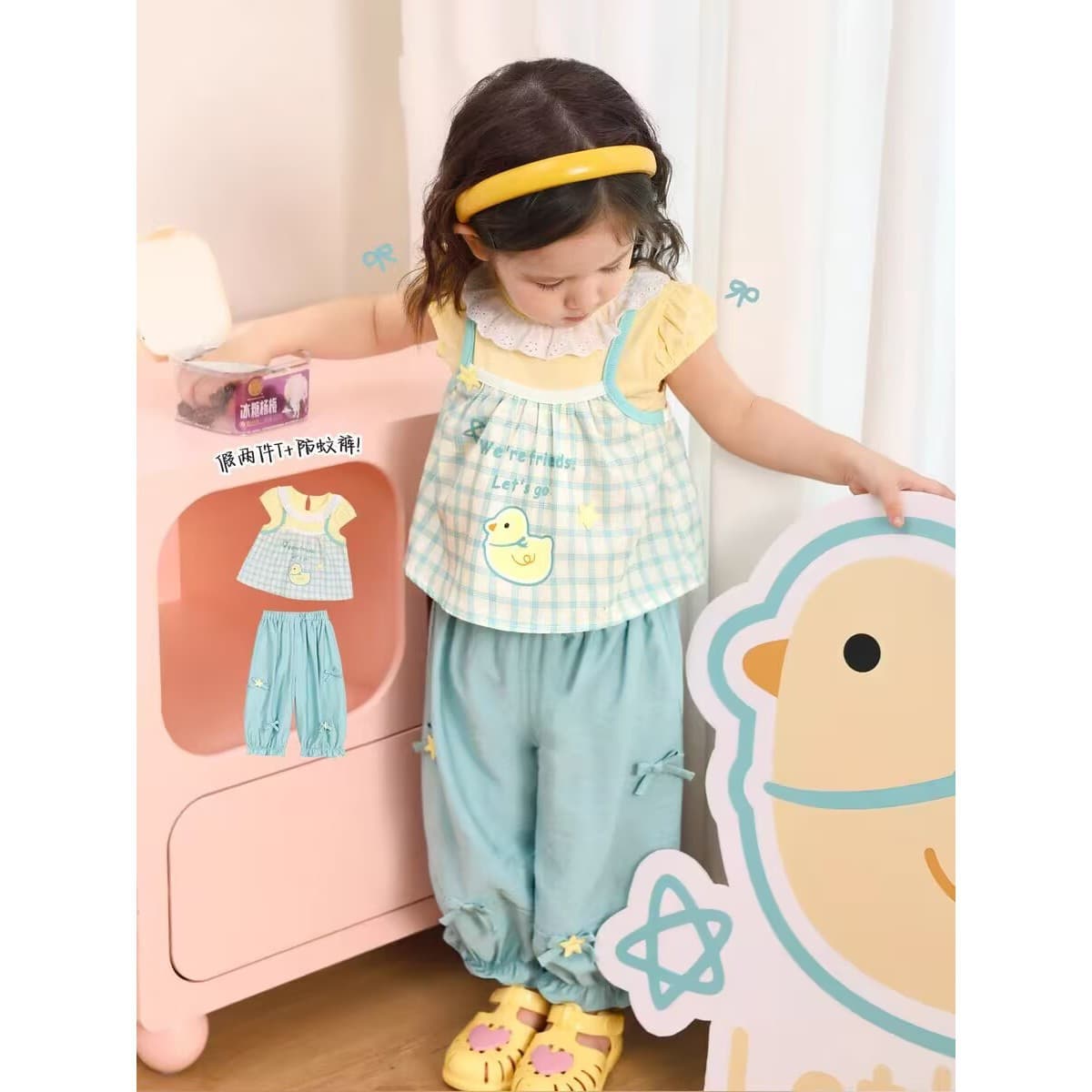 2026 New Style Girls Summer Cartoon Fake Two-piece Suit Baby Plaid Duckling Pattern Fashionable Two-piece Suit