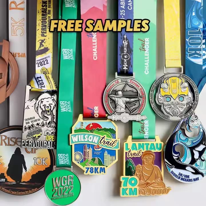 Custom-made medals, including metal plaques for gold medals in sports meets, marathons, online running, hiking, cycling, and taekwondo.