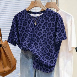 Summer Leopard Print European and American New Digital Print Comfortable Fashion Retro T-Shirt Round Neck Short Sleeve Top