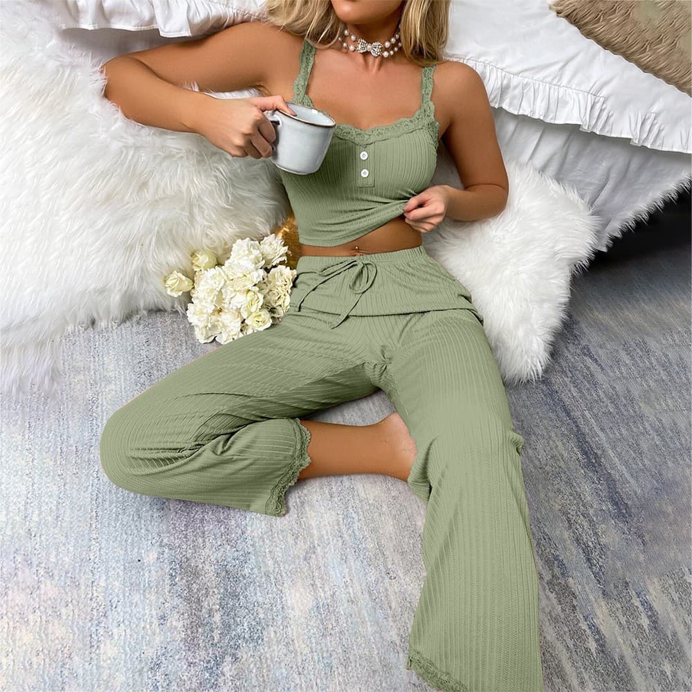 TEMU European and American Style Cross-Border Homewear Lace Camisole and Long Pants Set Comfortable Stretch Women's Pajamas Suitable for Outdoor Wear