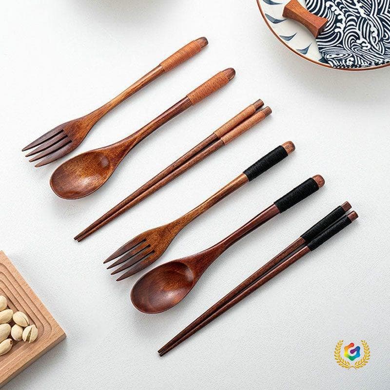 Solid Nanmu Wood Spoon, Fork, and Chopsticks Three-Piece Set, Portable Outdoor Cloth Bag, Wooden Fork and Spoon Cutlery Set