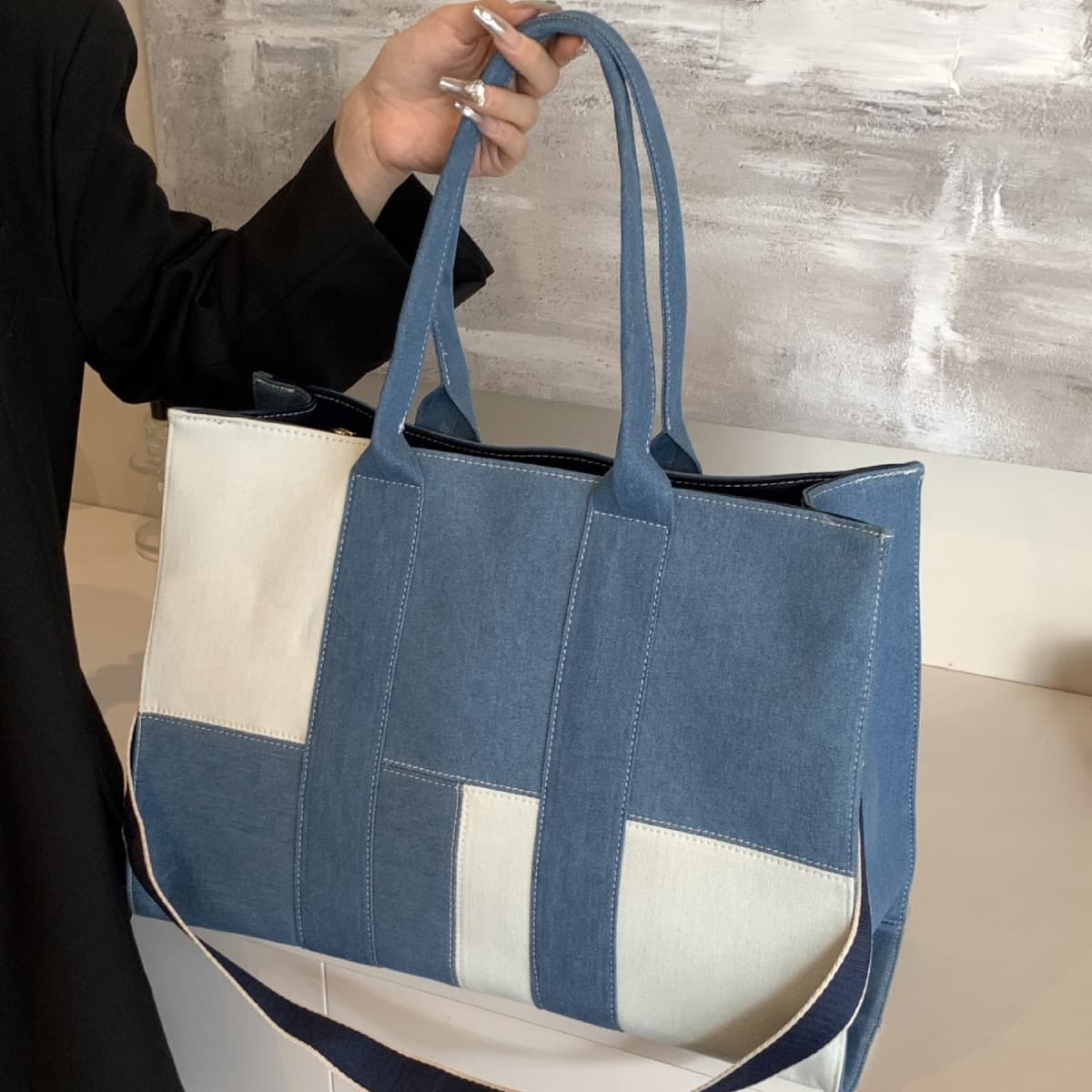 Blue Patchwork Contrast Color Large Bag for Women 2026 New Korean Trend Summer Fashion Denim Tote Bag