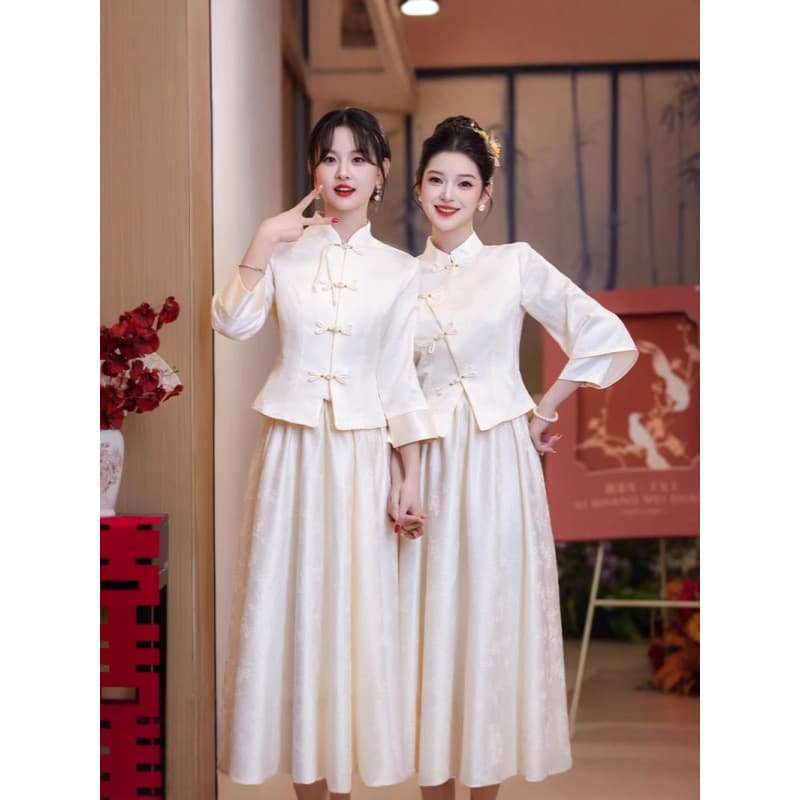 Bridesmaid Dress for Engagement, Chinese-style Qipao Dress, New Spring and Summer, Champagne Color, Long Sleeve 2026
