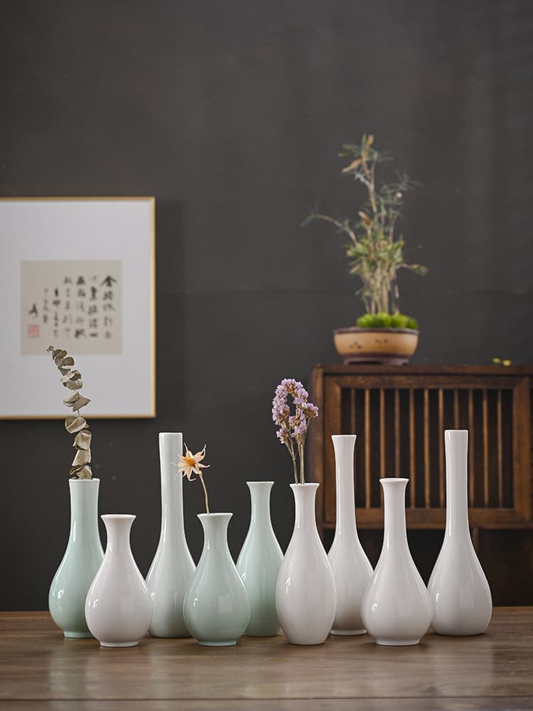 White Jade Pure Vase Tea Ceremony Flower Arrangement Home Decoration Tabletop Green Ceramic Small Vase Guanyin Vase Buddhist Zen Style Vase
