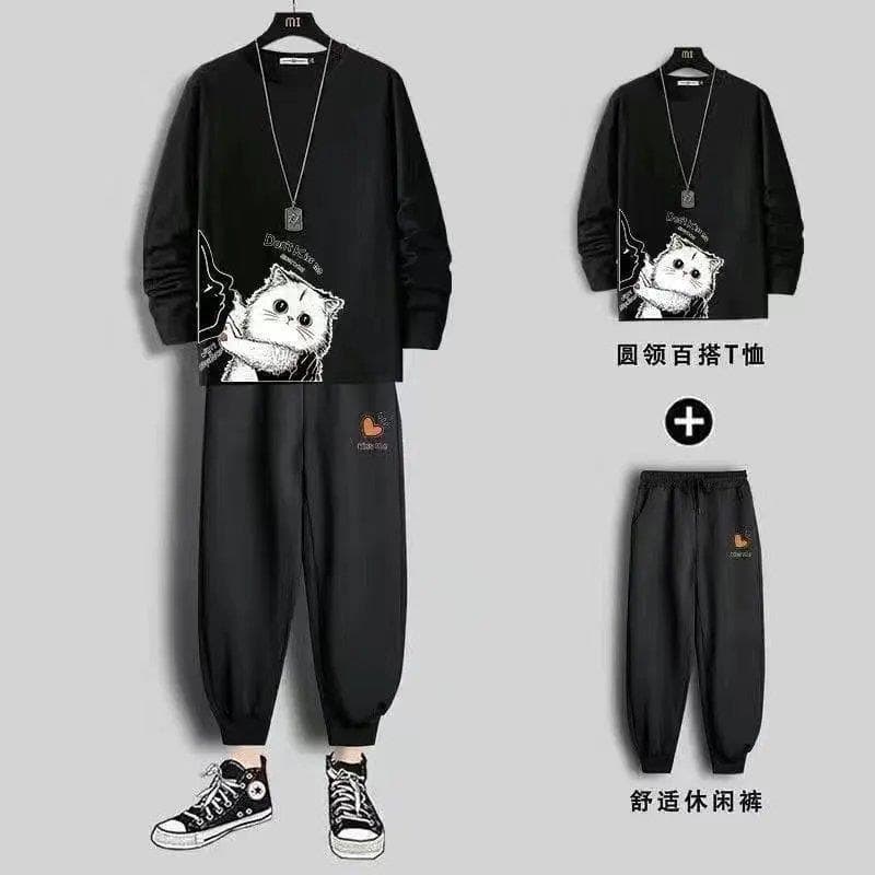 Men's Fall Two-Piece Long Sleeve T-Shirt Set, Plus Size Student Sportswear, Casual Outfit for Men, Pants Included, Size 12