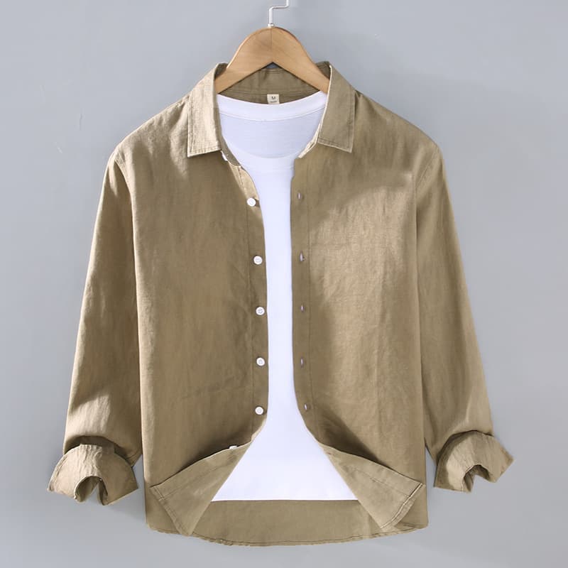 9605 Premium Pure Linen Men's Long-Sleeve Shirt Spring/Summer Casual Spread Collar Loose Fit Versatile Men's Shirt