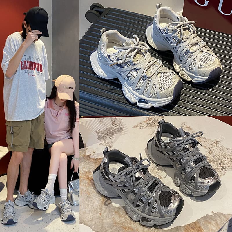 European Style Mesh Chunky Dad Sneakers for Women 2025 Spring New Arrival Heightening Breathable Round Toe Casual Sports Shoes