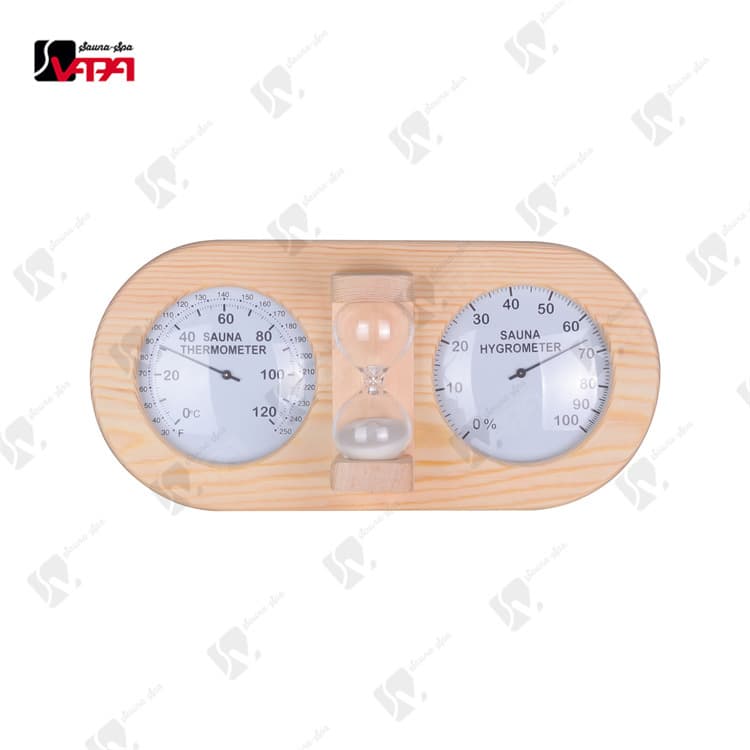 Sauna accessories: Pine wood double-dial white dial thermometer with hourglass, wooden thermometer and hygrometer for dry sauna rooms.
