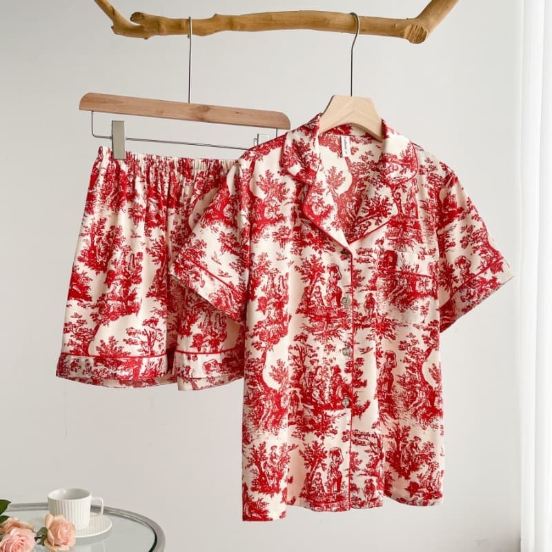 Rich Lady Evening Red Printed Short-Sleeve Homewear Women's Ice Silk Thin Style Elegant Unique Pajama Set