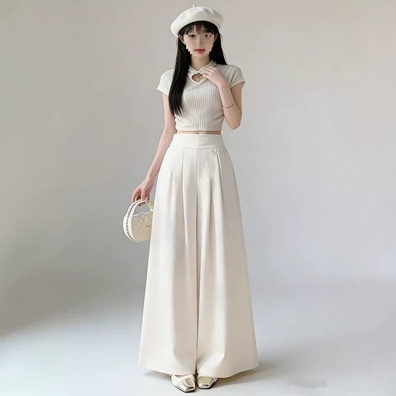 Apricot Chinese-Style Skirt Pants for Women Summer High Waist A-Line Casual Wide Leg Pants Vacation Beachwear Lightweight Skirt Pants for Women