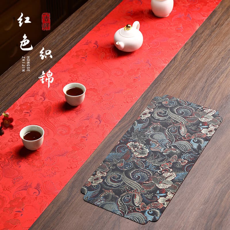 Red Brocade Double-Sided Waterproof Tea Mat Artistic Table Runner Rectangular Tea Coaster Single Person Tea Tablecloth Chinese Style Fresh and Simple