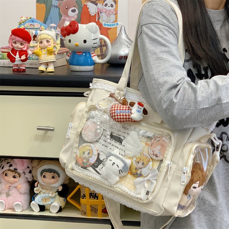 Japanese Lace Transparent Badge Ita Bag Anime Soft Girl Single Shoulder Crossbody Bag for Students Commute Tote Bag