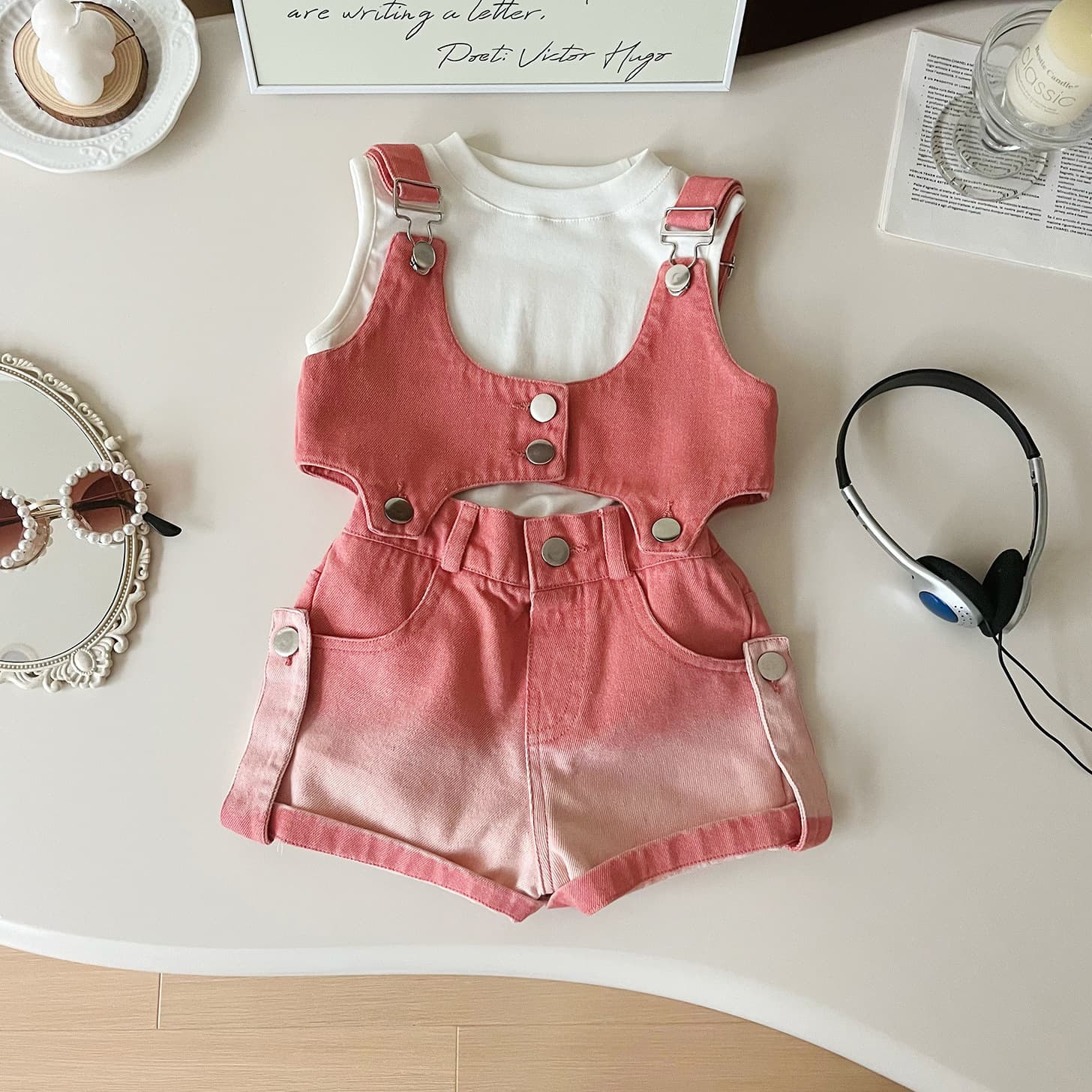 Girls' Set 2024 Summer New Korean Style Denim Suspender Vest T-Shirt Shorts 3-Piece Set Cute Outfit for Girls