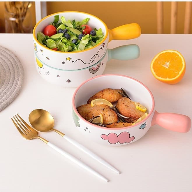 Ins Handle Ceramic Bowl Dessert Bowl Salad Bowl Noodle Bowl Wholesale Baking Bowl Breakfast Bowl Ramen Bowl Fruit Bowl