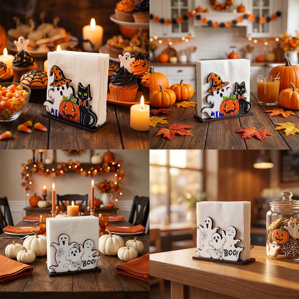 Cross-border Halloween Decoration Wooden Napkin Holder Creative Desktop Tissue Storage Stand Ghost Pumpkin Black Cat Figurine