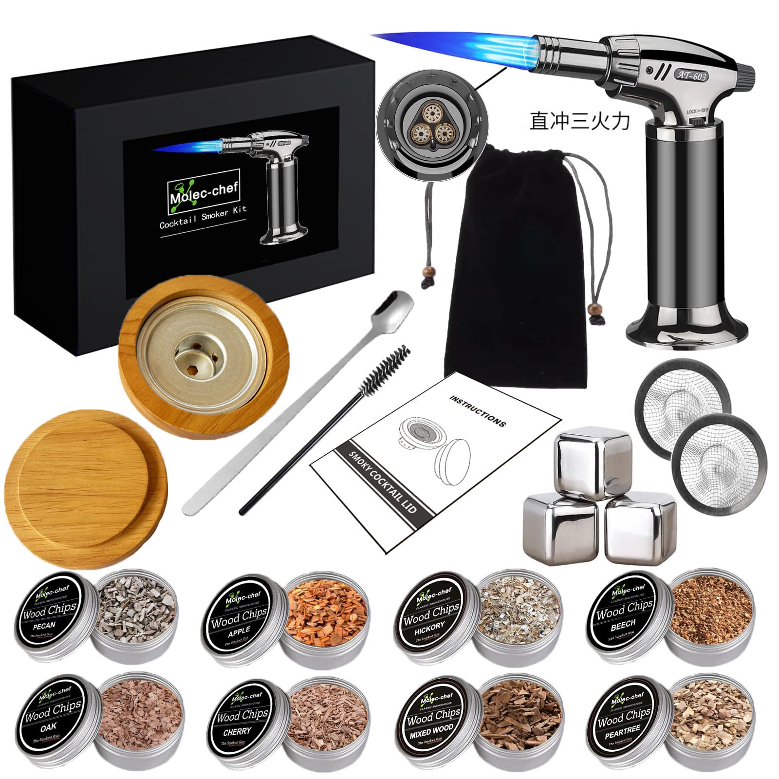 Cocktail Smoker Factory Direct Sale Rubberwood Smoked Wood Lid Foreign Trade Cross-Border Aromatherapy Whiskey Smoking Set