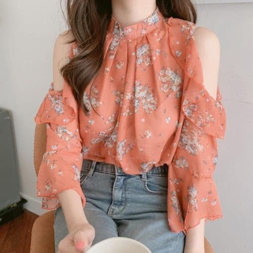 Designer Chic Off-Shoulder Floral Chiffon Blouse for Women with Flared Sleeves, Lightweight Top in Orange and Apricot, High Stretch